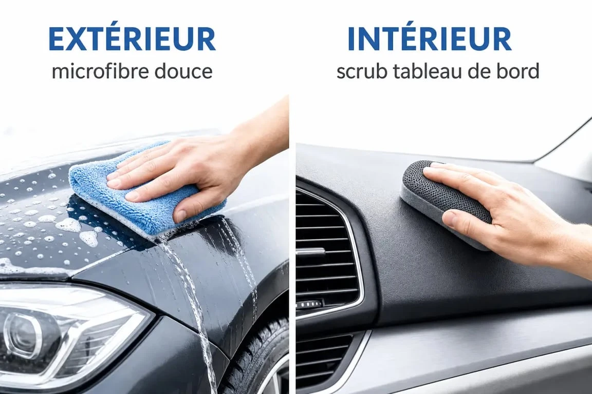 Eponge pour voiture : comparaison visuelle entre lavage extérieur et nettoyage intérieur