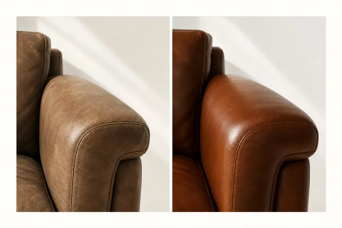 Avant/après avec rénovateur cuir sur un accoudoir de canapé en cuir lisse