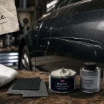 Rayure profonde voiture : microfibre, mastic et garage en arrière-plan