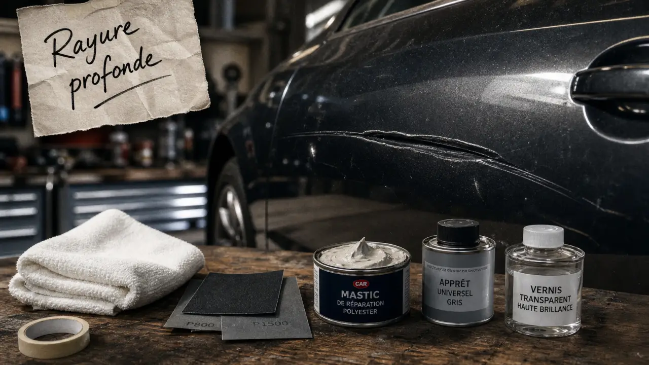 Rayure profonde voiture : microfibre, mastic et garage en arrière-plan