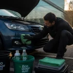 Eco lavage auto à domicile : technicien nettoie pare-chocs à la microfibre