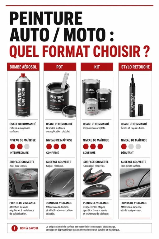 Comparatif peinture auto moto entre bombe, pot, kit et stylo retouche
