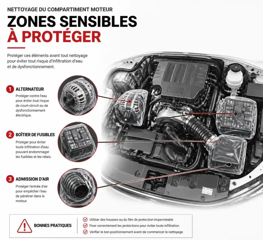 Schéma des zones à protéger lors du nettoyage moteur voiture pour éviter les courts-circuits