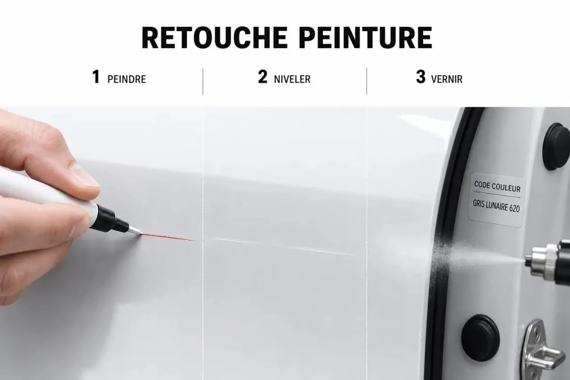 Peinture retouche auto appliquée sur une rayure de carrosserie avec code couleur constructeur visible