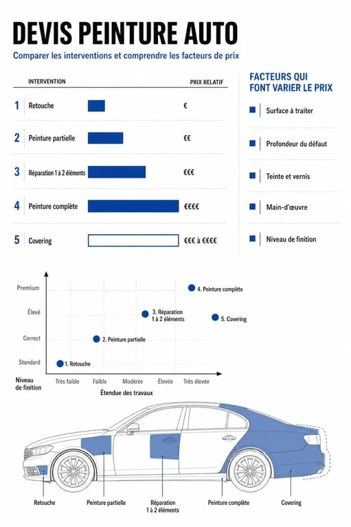 Devis peinture auto : comparatif des prix et des prestations de retouche, peinture partielle et peinture complète