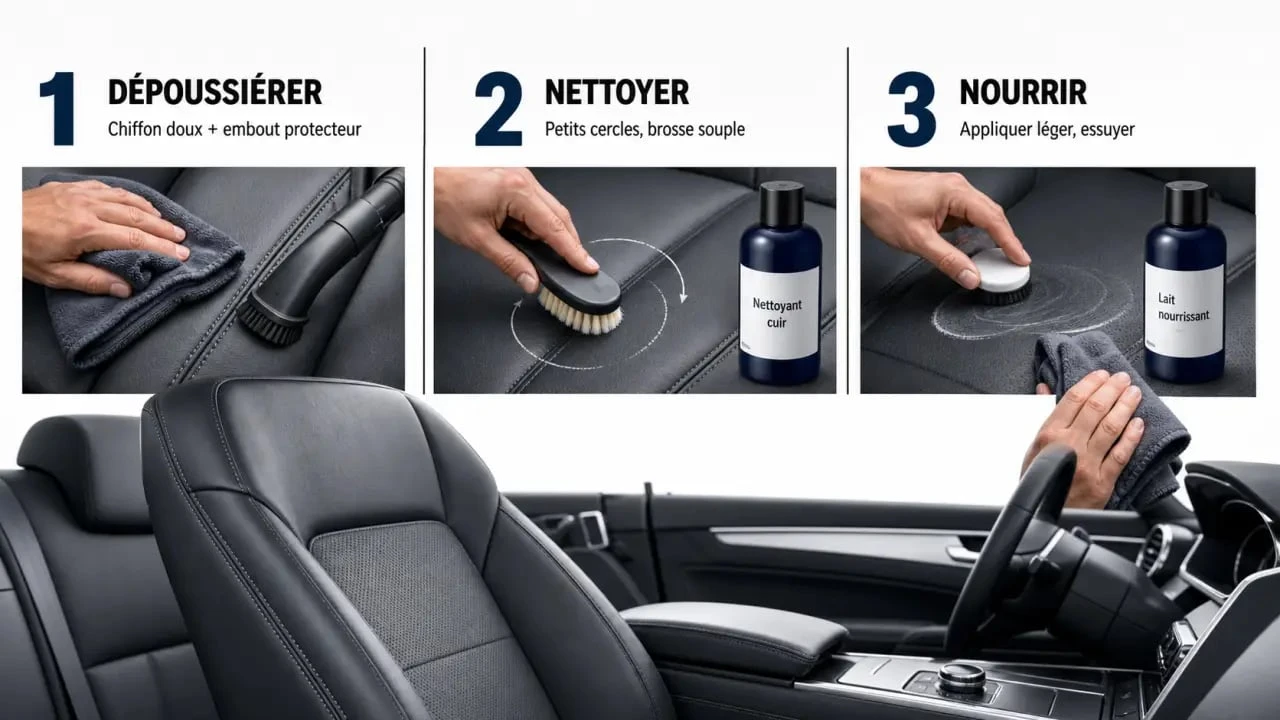 Entretien cuir auto : routine en 3 étapes pour dépoussiérer, nettoyer puis nourrir un siège de voiture