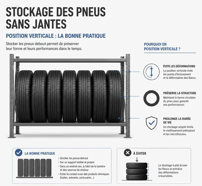 Stockage de pneus sans jantes en position verticale pour éviter les déformations
