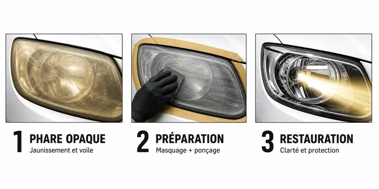 Rénovation optique de phare avant et après, avec phase de ponçage et résultat restauré sur une voiture