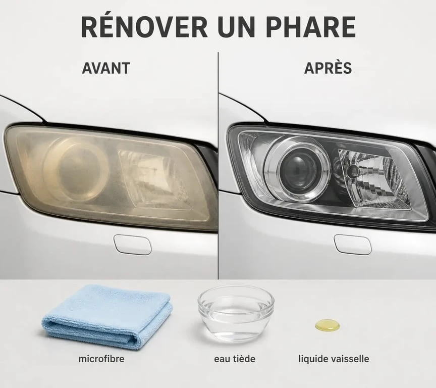 Nettoyage feu voiture : phare avant et après lavage doux