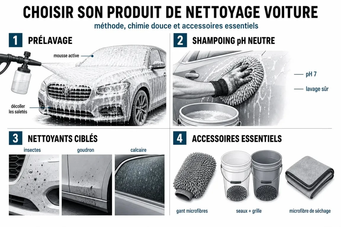 Produit nettoyage voiture : schéma des étapes de lavage et des produits adaptés