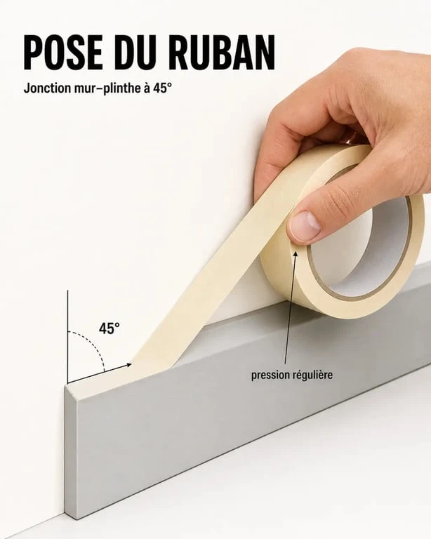 Pose du scotch protection peinture à 45° sur un mur et une plinthe