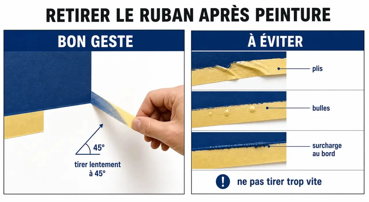 Retrait du scotch protection peinture à 45° et erreurs à éviter