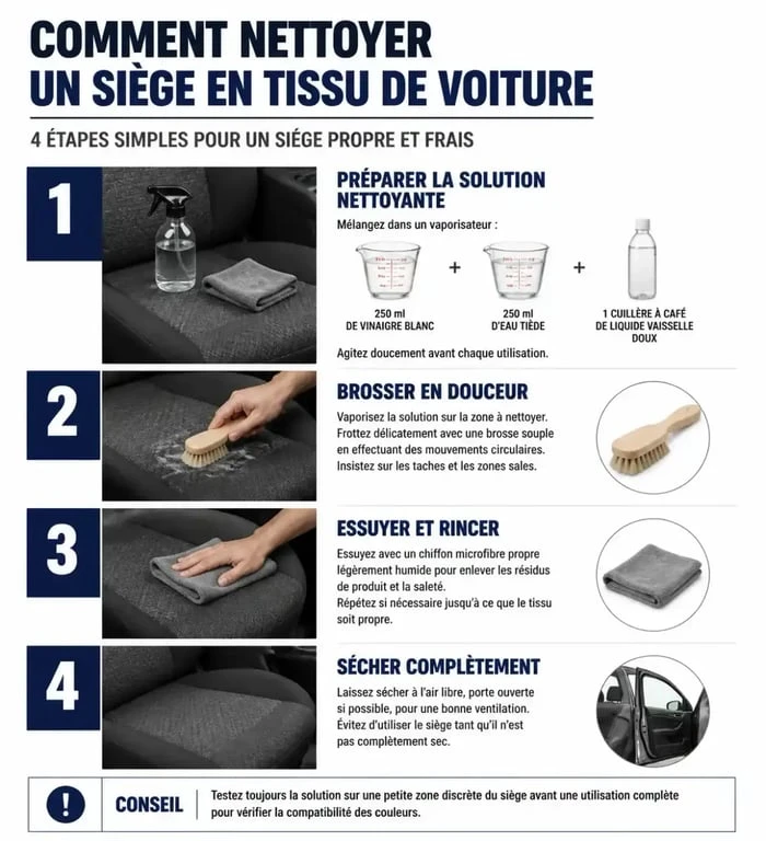 Étapes de nettoyage siège voiture en tissu