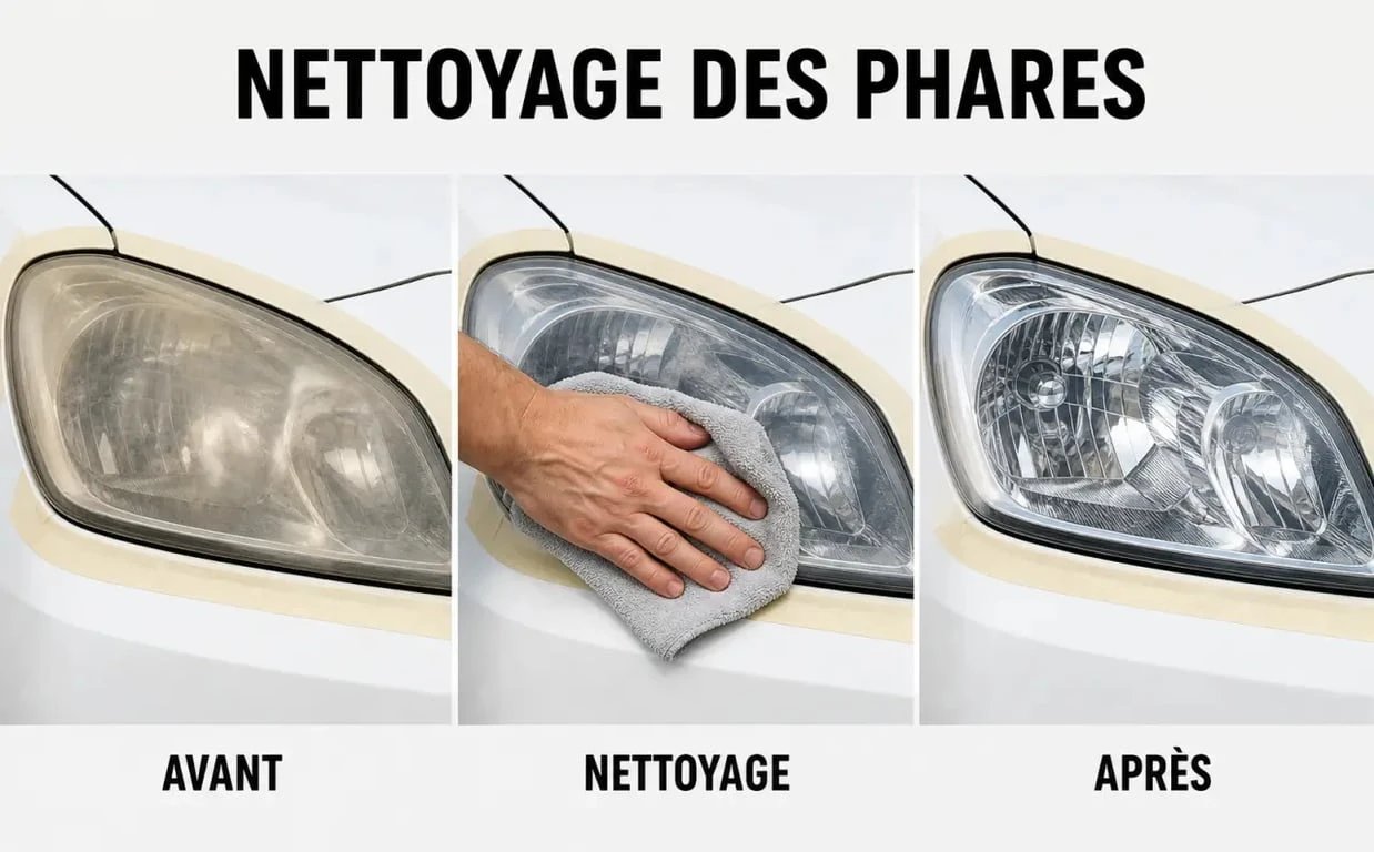Nettoyage des phares voiture : avant/après d’un phare terni restauré et rendu plus transparent