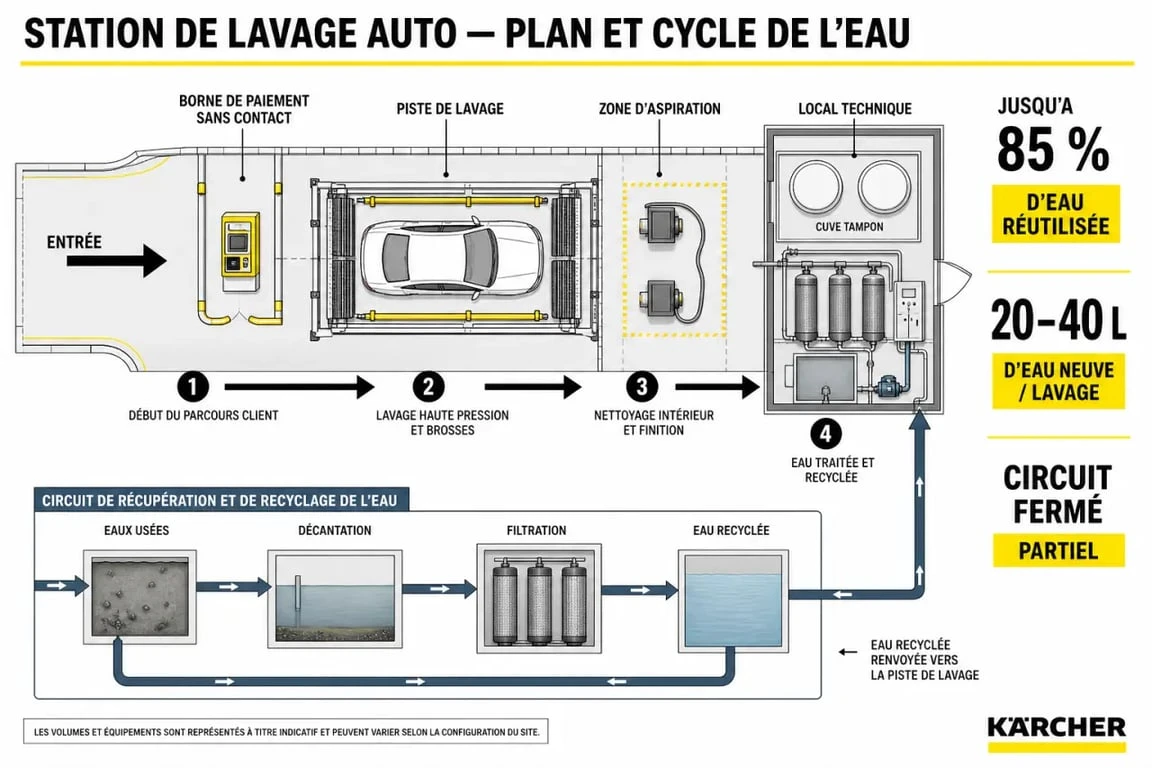 Station lavage auto karcher : schéma du parcours client et du recyclage de l’eau