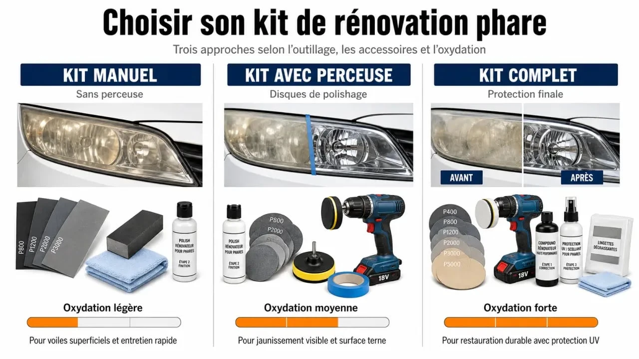Kit rénovation phare : comparaison visuelle des kits manuel, avec perceuse et complet