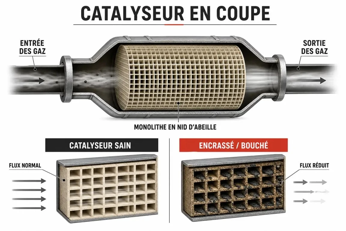 Catalyseur hs symptômes : schéma du catalyseur automobile et du monolithe encrassé