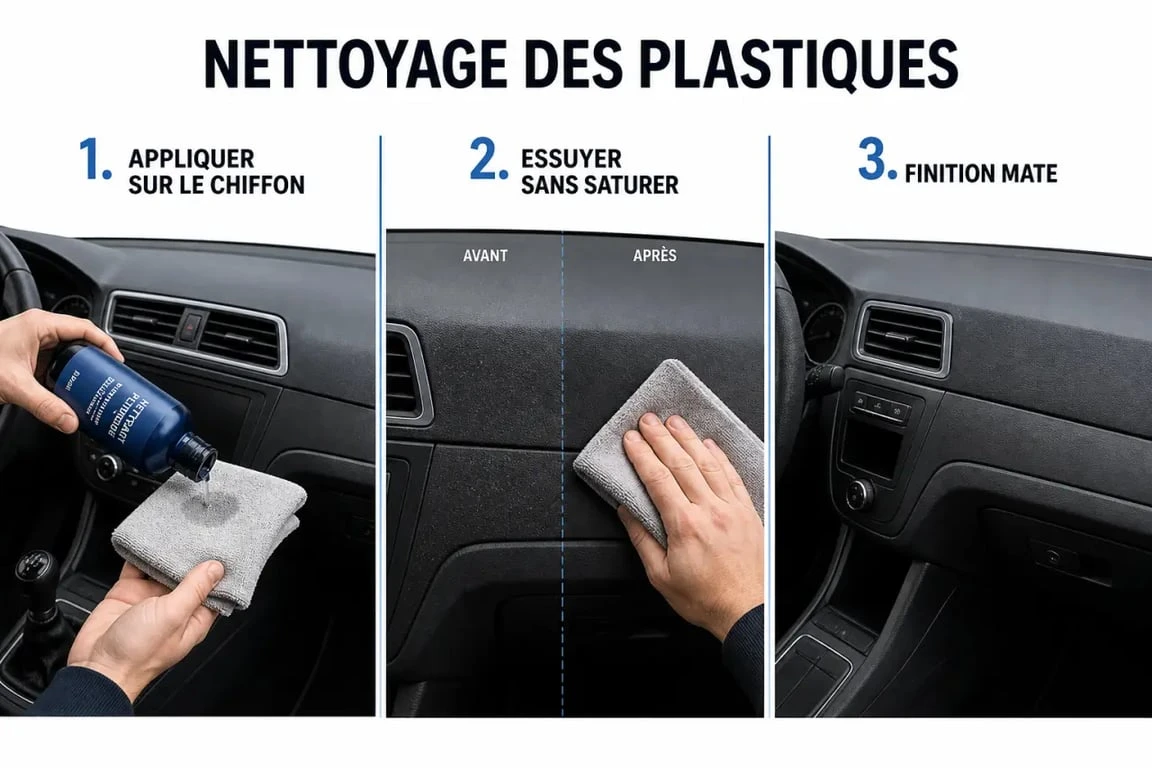 Nettoyage plastiques voiture : nettoyage du tableau de bord avec microfibre et produit doux