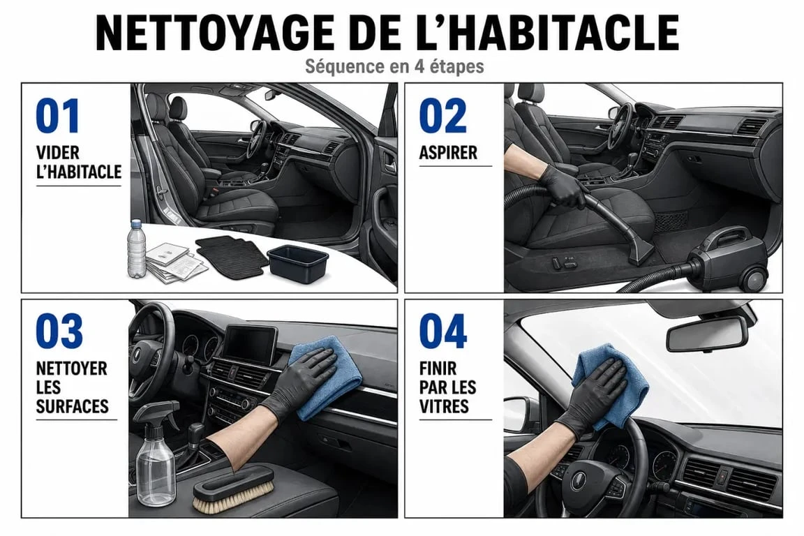 Nettoyage habitacle voiture en 4 étapes illustrées dans un intérieur de voiture