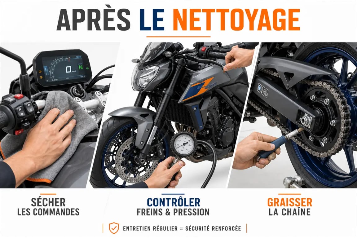 Bien préparer sa première moto après un nettoyage complet avec vérification du séchage, des freins, des pneus et de la chaîne