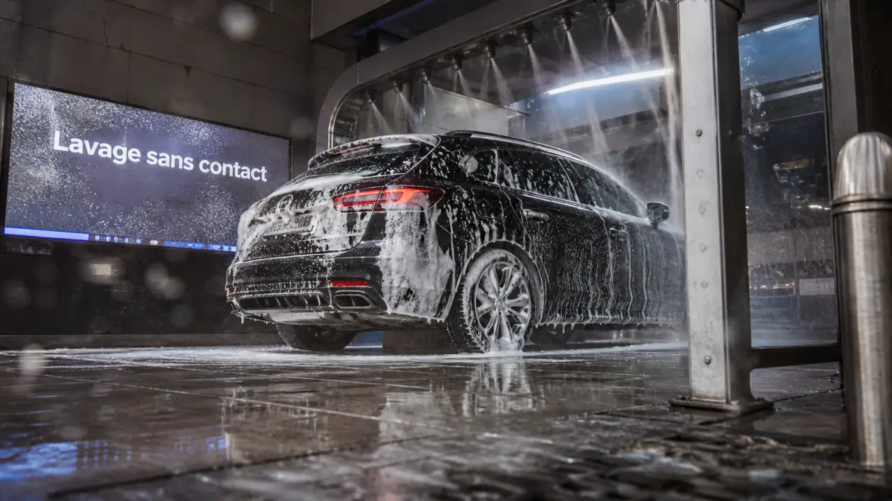 Lavage auto sans contact : jets haute pression et mousse blanche