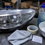 Nettoyage feu voiture : phare polycarbonate nettoyé au garage