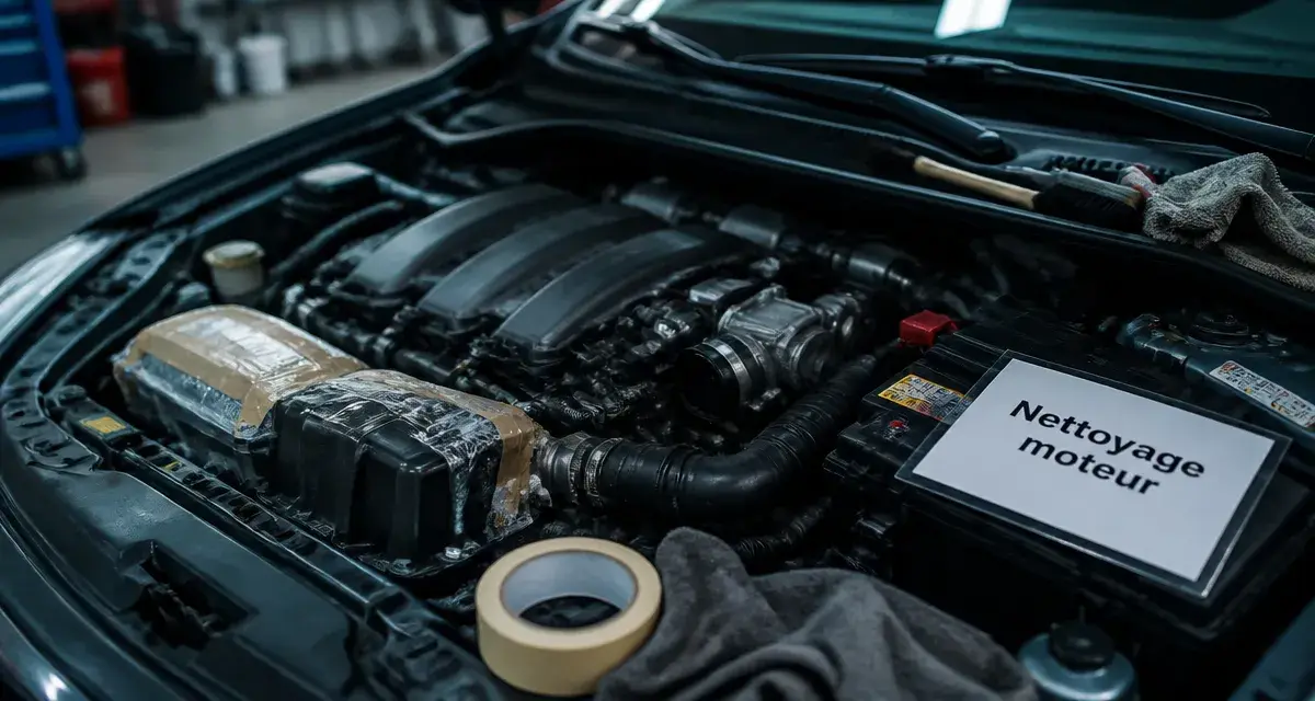 Nettoyage moteur voiture : compartiment moteur nettoyé pour éviter les pannes