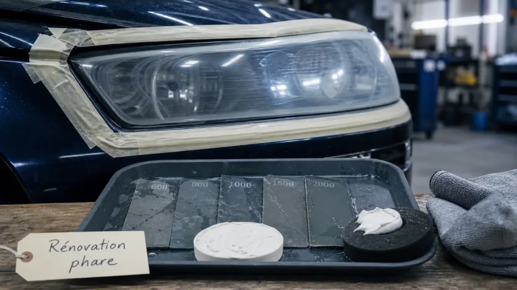Phare de voiture opaque : ponçage progressif, polish et protection UV pour retrouver la transparence