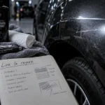 Effacer une rayure sur carrosserie : main avec lampe sur impact de rayure