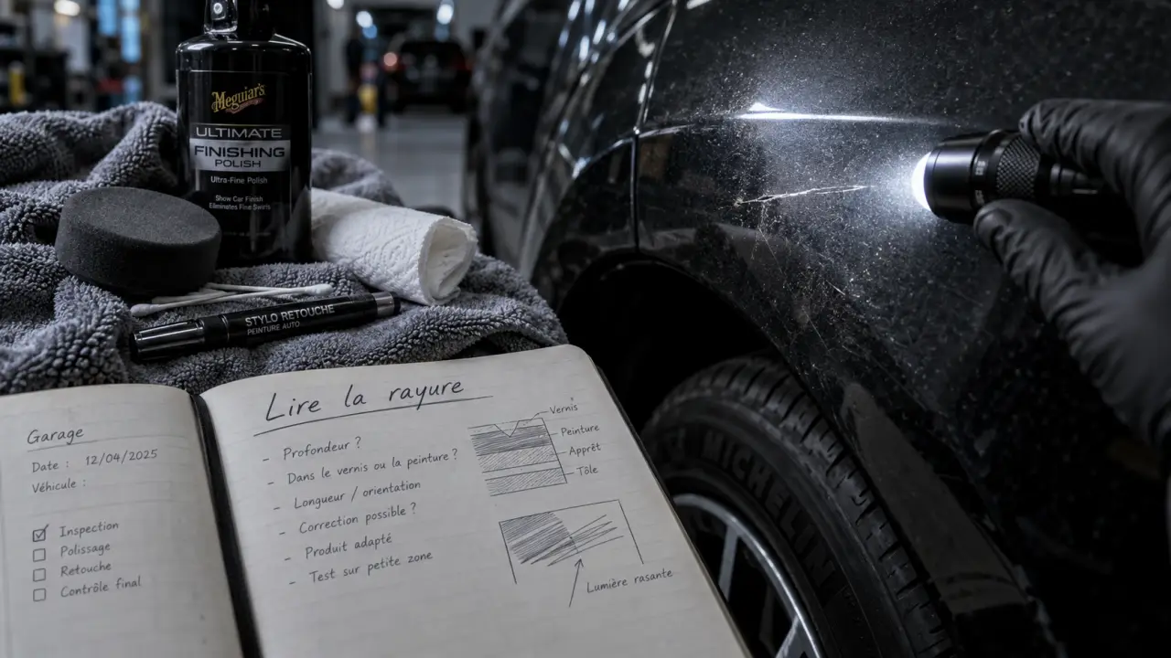 Effacer une rayure sur carrosserie : main avec lampe sur impact de rayure