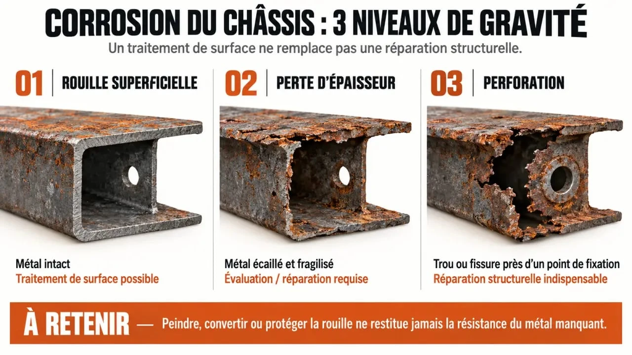 Niveaux de corrosion du châssis voiture avant un traitement anti-corrosion