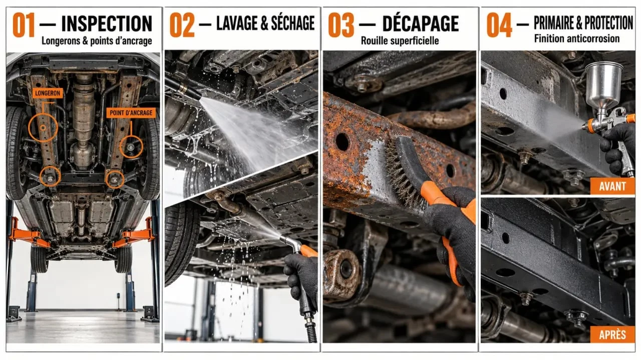 Étapes d’un traitement anti-corrosion châssis voiture, de l’inspection à l’application de la protection