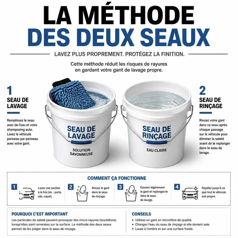 Matériel de nettoyage voiture : illustration de la technique des deux seaux pour un lavage sans rayures