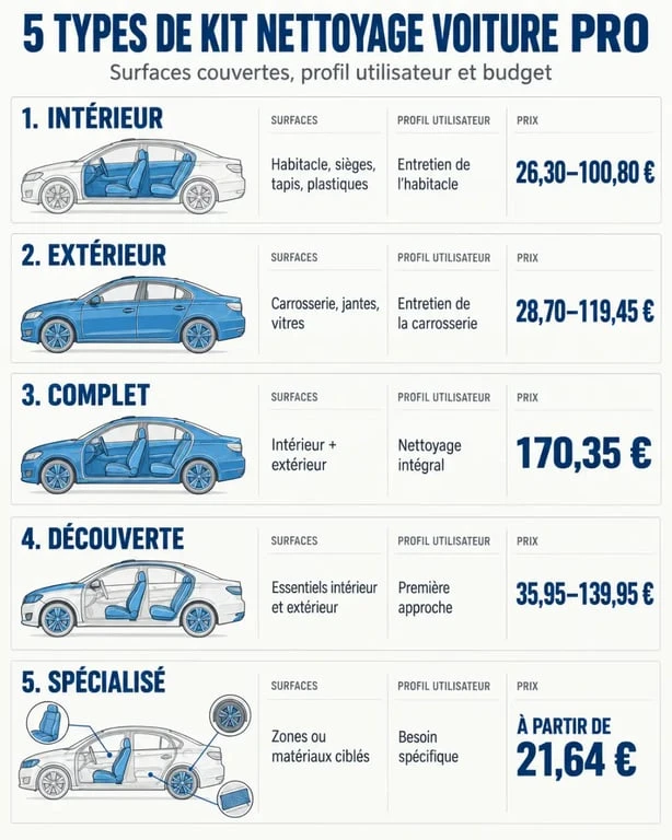 Kit nettoyage voiture pro : comparaison des types de kits, surfaces couvertes et prix