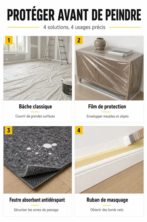 Comparatif des protections peinture : bâche, film, feutre absorbant et ruban de masquage