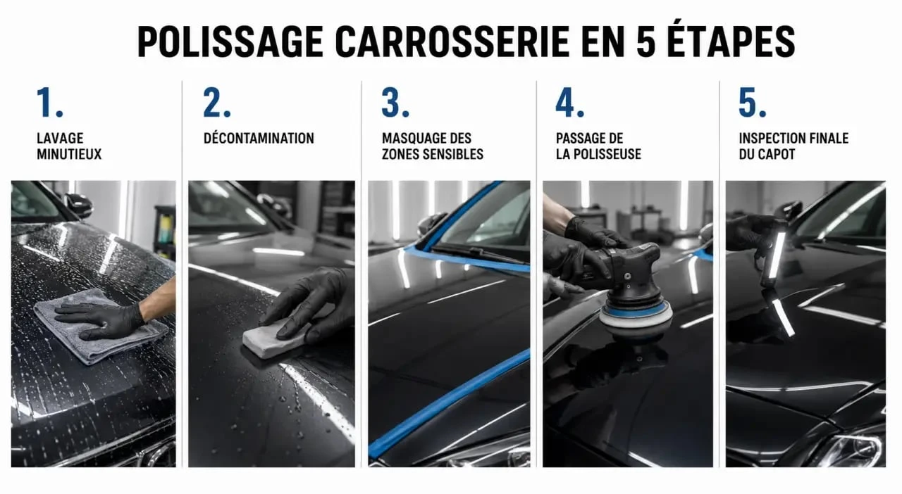 Polissage carrosserie en 5 étapes sur un capot de voiture