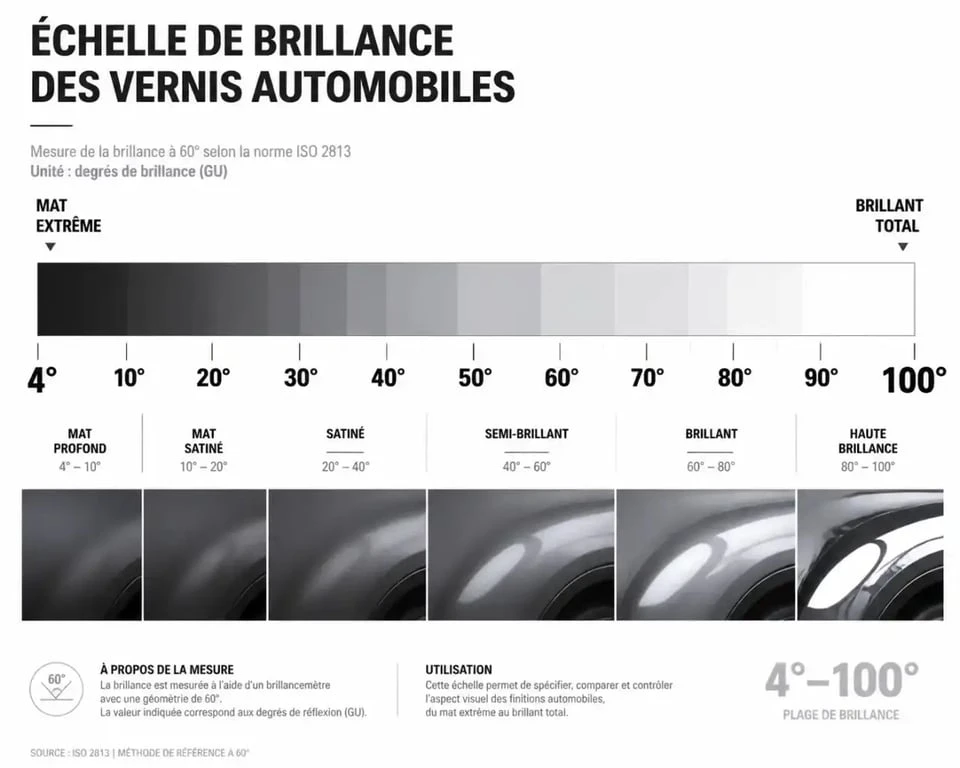 Échelle de brillance du vernis pour automobile du mat au brillant en degrés