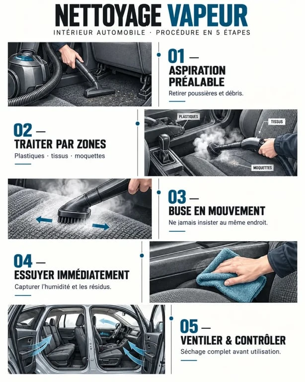 Étapes du nettoyage voiture vapeur de l’aspiration au séchage de l’habitacle
