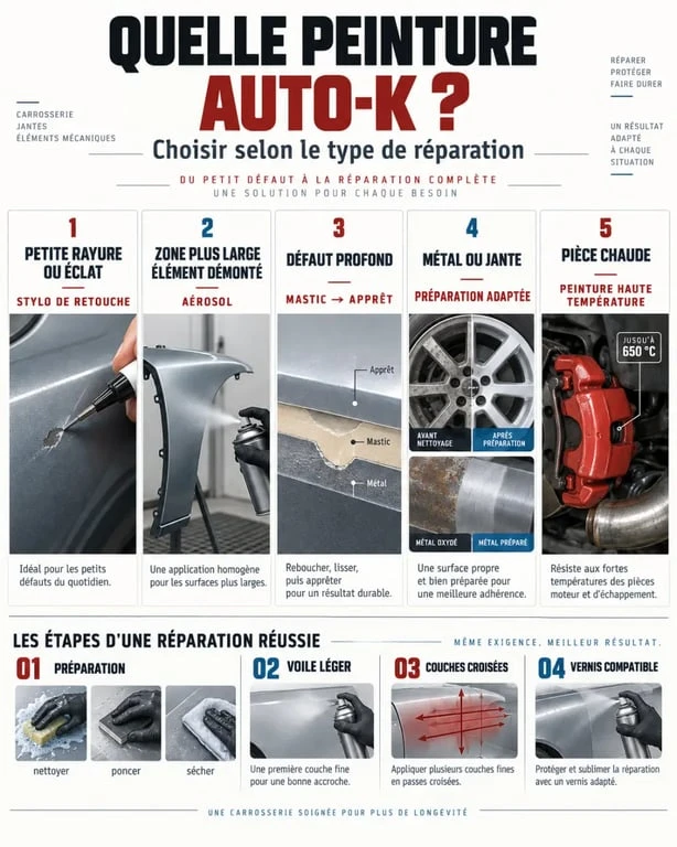 Infographie peinture Auto-K : choisir entre stylo de retouche, aérosol, apprêt et vernis selon la réparation automobile