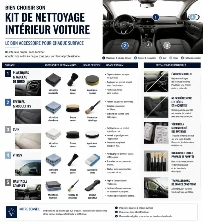 Kit nettoyage interieur voiture selon les surfaces et accessoires adaptés