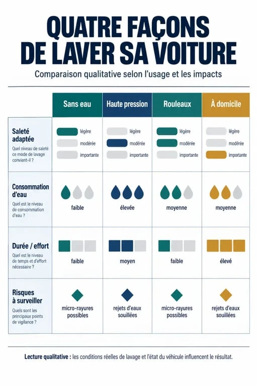 Comparaison des méthodes de nettoyage voiture sans eau, haute pression, rouleaux et lavage à domicile