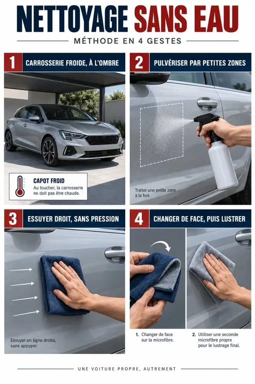 Étapes du nettoyage voiture sans eau avec pulvérisation et microfibres