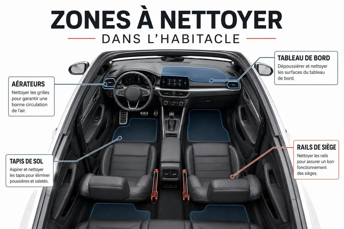 Zones de l'habitacle idéales pour le pistolet nettoyage voiture