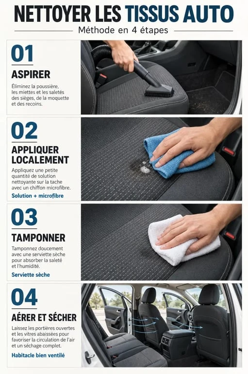 Étapes du nettoyage tissus voiture avec aspiration, détachage, séchage et aération