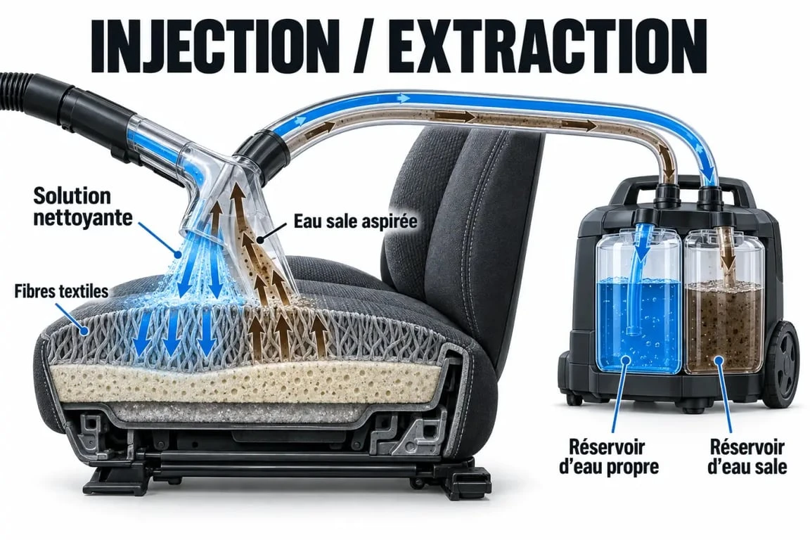 Schéma du fonctionnement d’un aspirateur injecteur extracteur voiture sur un siège textile