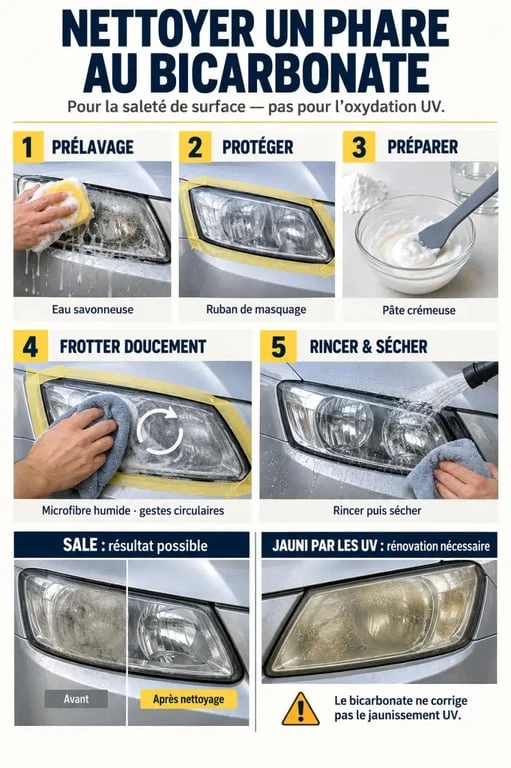 Nettoyage phare voiture bicarbonate de soude en étapes, du prélavage au rinçage