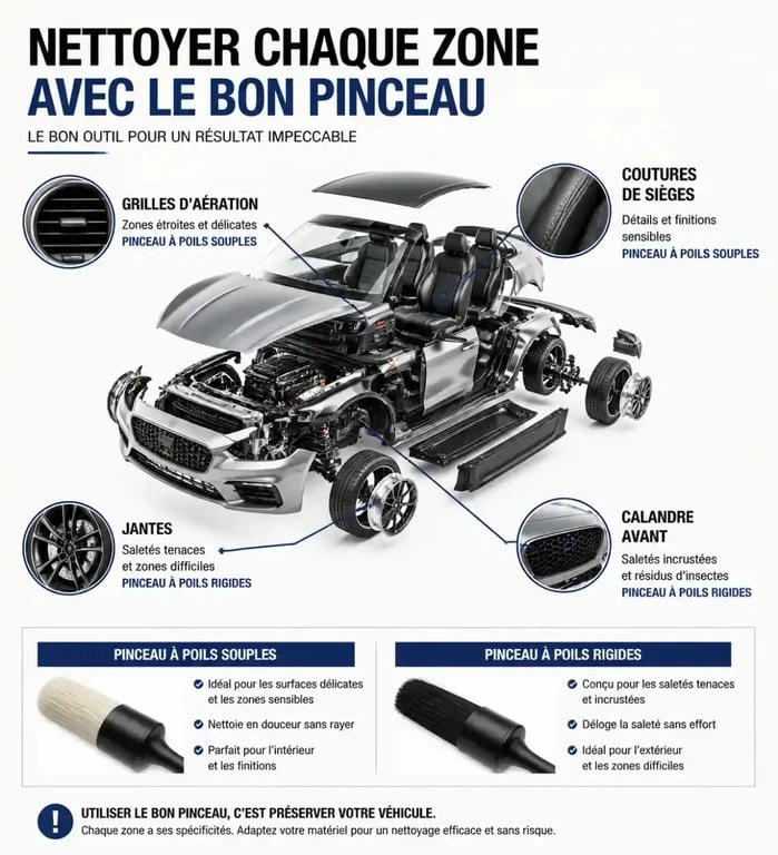 Infographie illustrant quel pinceau de nettoyage voiture utiliser pour chaque zone du véhicule