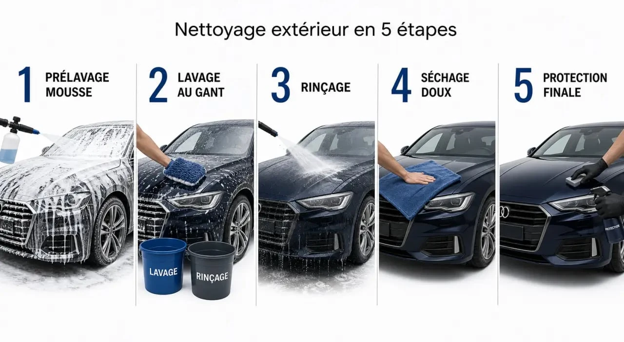Nettoyage exterieur voiture en 5 étapes avec prélavage, lavage, rinçage, séchage et protection