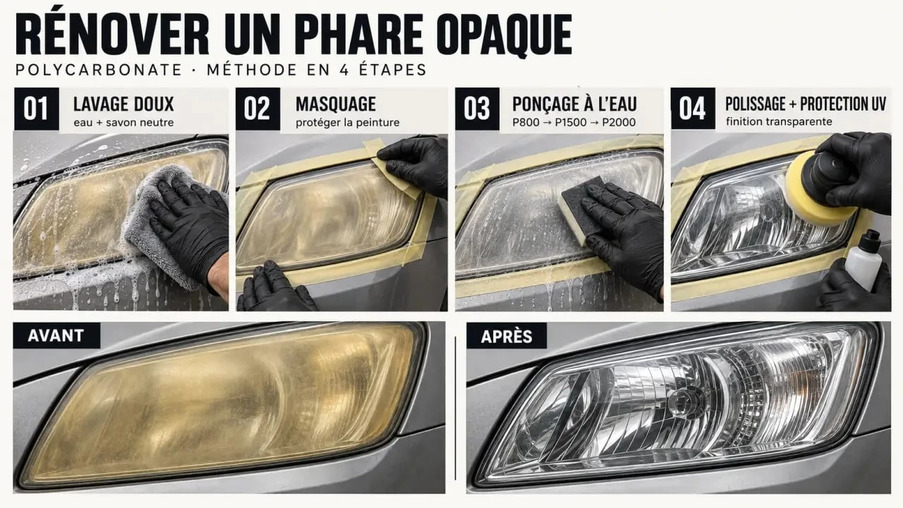 Étapes de nettoyage et rénovation d’un phare de voiture opaque avec ponçage, polissage et protection anti-UV