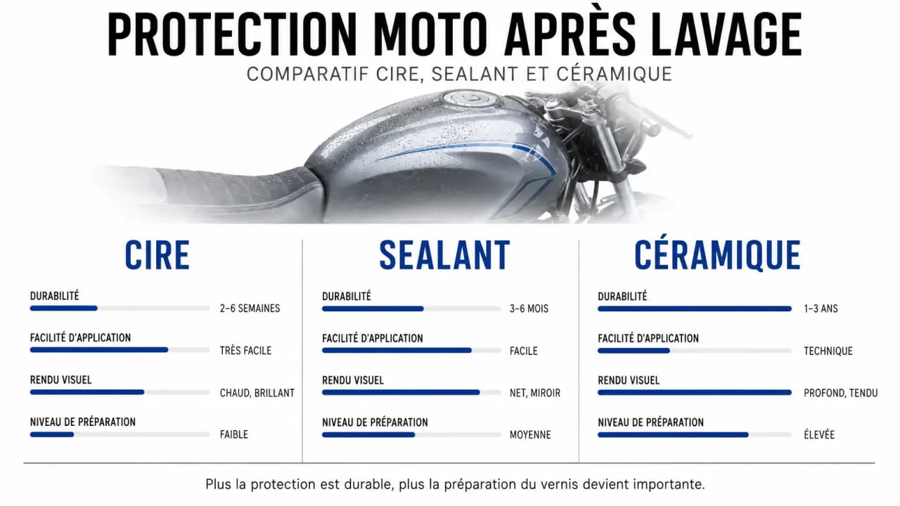 Comment protéger votre moto après un nettoyage professionnel complet : cire, sealant et céramique comparés